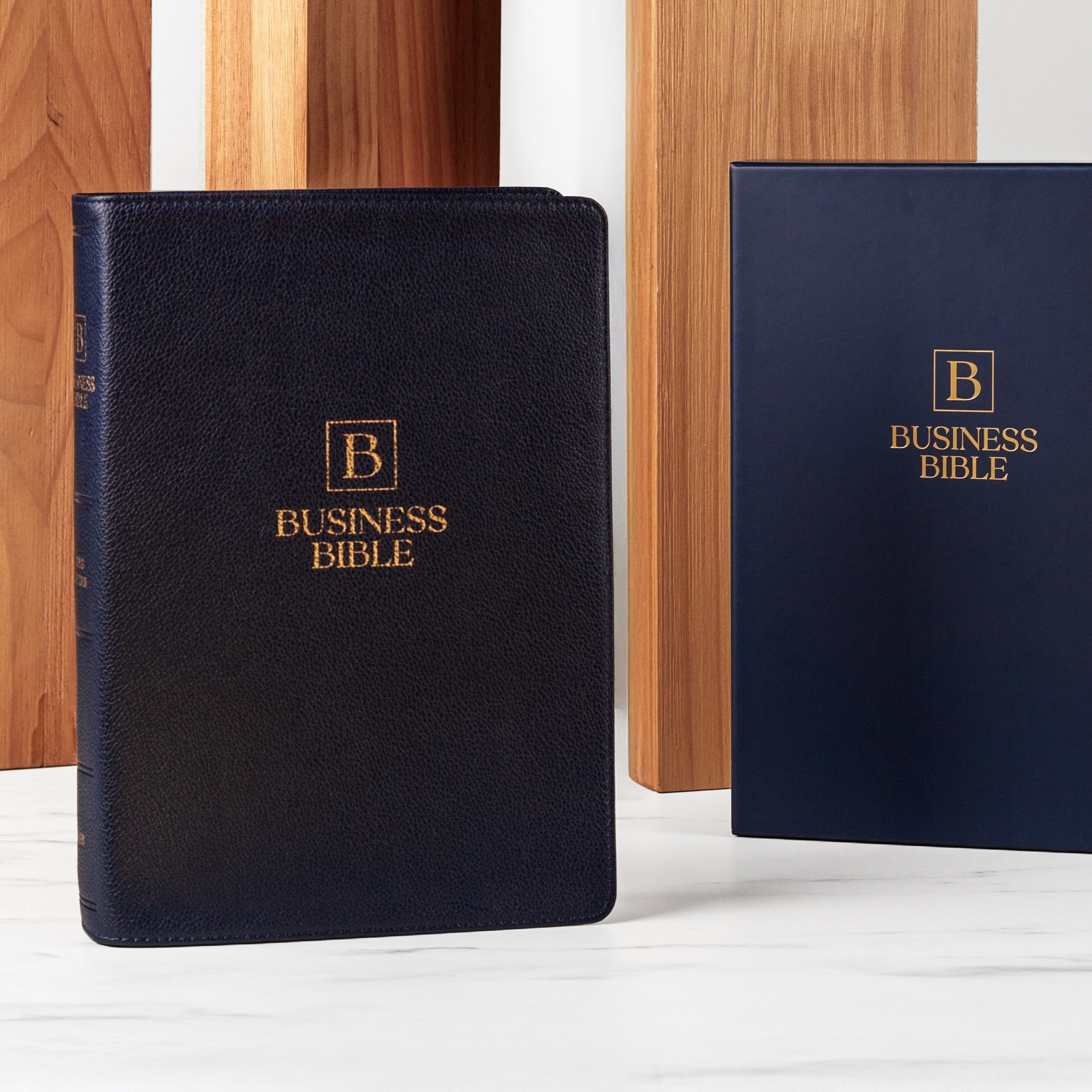 Two Business Bible hardcover editions on display